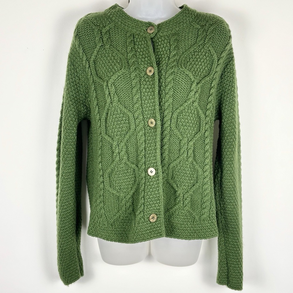 Paul James Cardigan Women's M Olive Green Wool Cable Knit Fisherman Sweater 90s